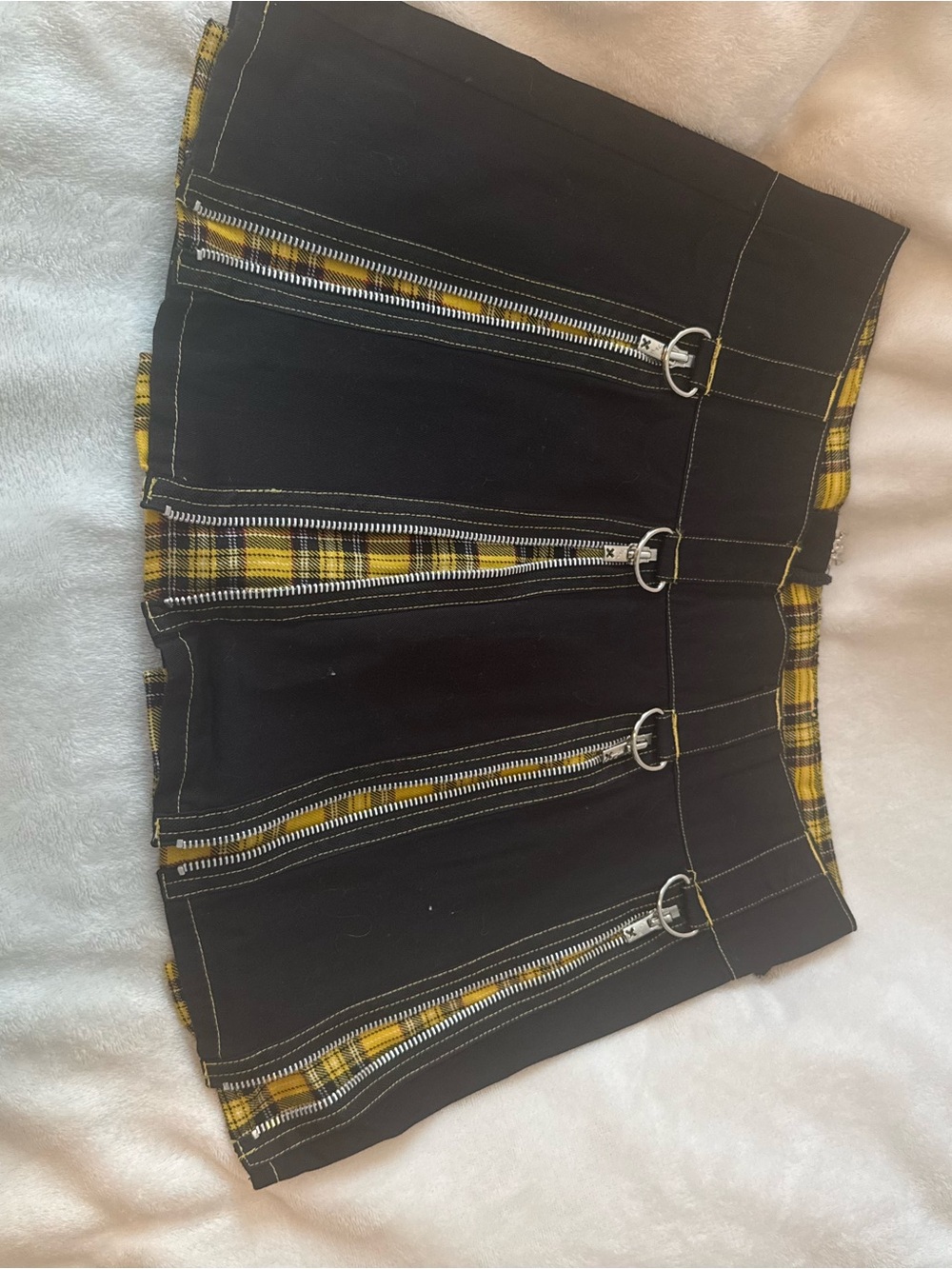 Tripp NYC Black Mini Skirt with Yellow Plaid Accents and Silver Zippers